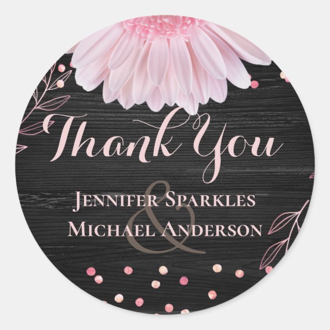 Modern Black Pink Daisy Wedding Classic Round Sticker (Front)