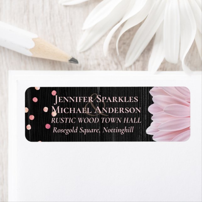 Modern Black Pink Daisy Wedding Label (Insitu)