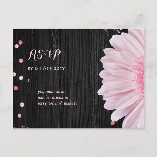 Modern Black Pink Daisy Wedding Postcard