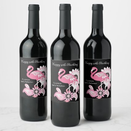 Modern Black Pink Flamingo Birthday Wine Label
