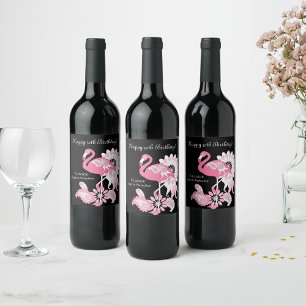Modern Black Pink Flamingo Birthday Wine Label