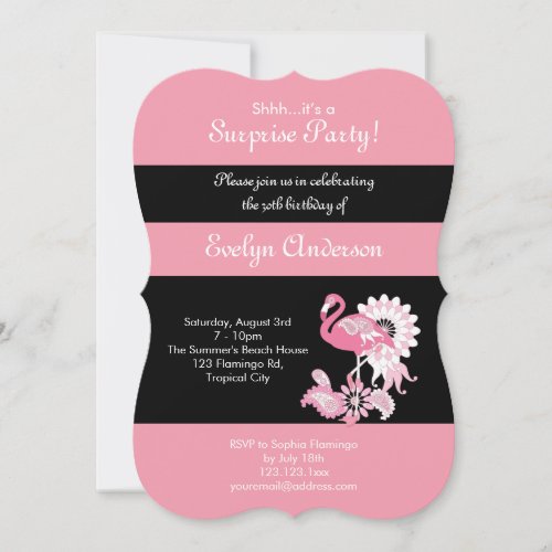 Modern Black Pink Flamingo Surprise Birthday Invitation
