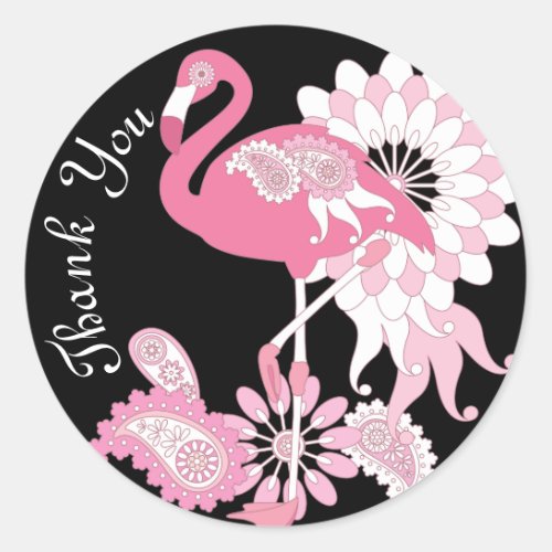 Modern Black Pink Flamingo Thank You Classic Round Sticker