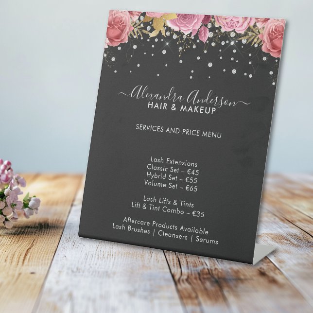 Modern Black Pink Floral Diamonds Glitter Price Pedestal Sign (Modern Black Pink Floral Diamonds Glitter Price Pedestal Sign)