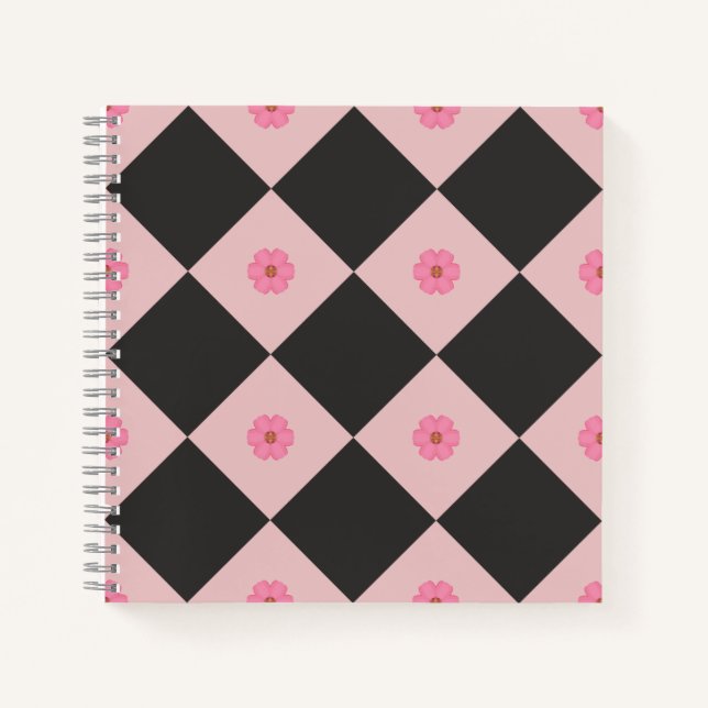 Modern Black & Pink Floral Geometric Notebook (Front)