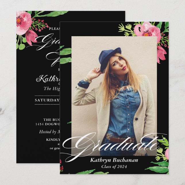Modern Black Pink Floral Photo Graduation Party Invitation (Front/Back)