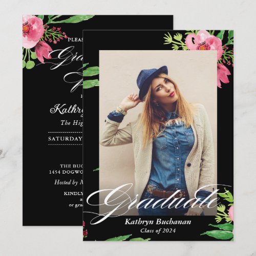 Modern Black Pink Floral Photo Graduation Party Card