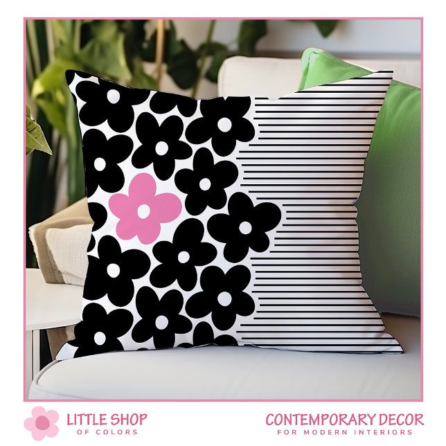 Modern Black Pink Floral Stripe Throw Pillow (Creator Uploaded)