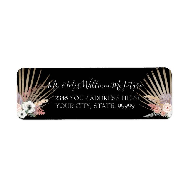 Modern Black Pink Floral Tropical Palm Wedding Label (Front)