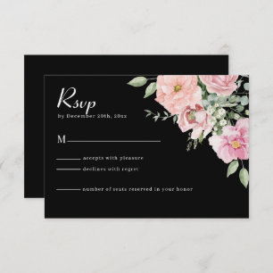 Modern Black & Pink Floral Wedding RSVP Card