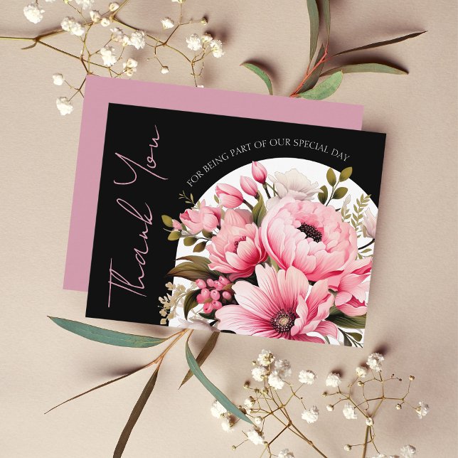 Modern Black Pink Floral Wedding Thank You Card (Creator Uploaded)