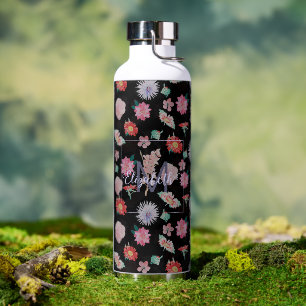 Modern Black Pink Garden Floral Water Bottle