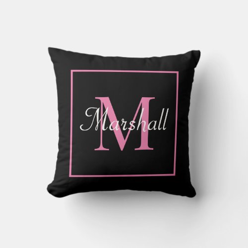 Modern Black Pink Girly Monogram Throw Pillow