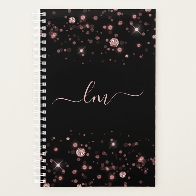 Modern Black Pink Glam Glitter Custom Monogram Planner (Front)