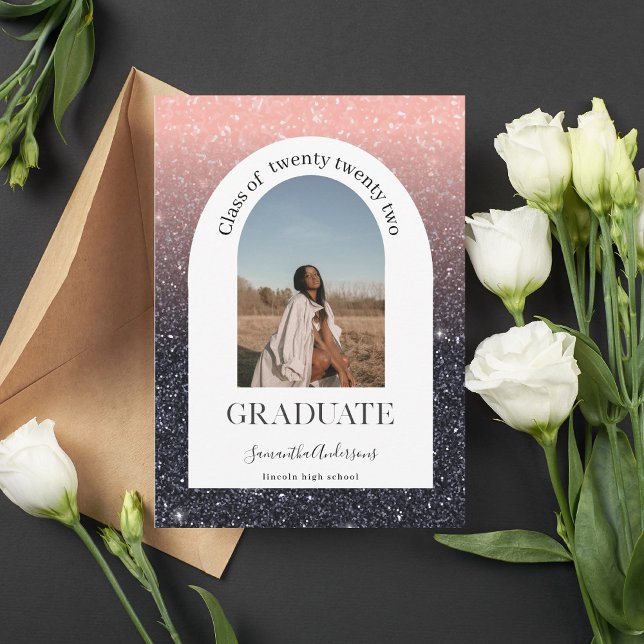 Modern Black & Pink Glitter Arch Photo Graduation  Invitation (Creator Uploaded)