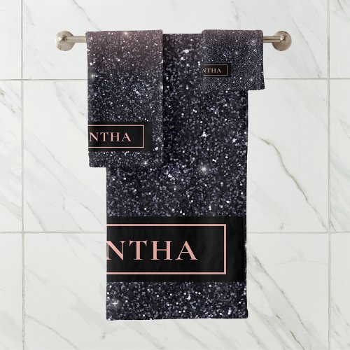 Modern Black  Pink Glitter Sparkles Name Bath Towel Set