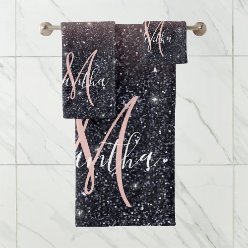 Modern Black  Pink Glitter Sparkles Name  Bath Towel Set