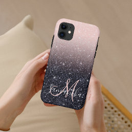 Modern Black &amp; Pink Glitter Sparkles Name  iPhone 11 Case