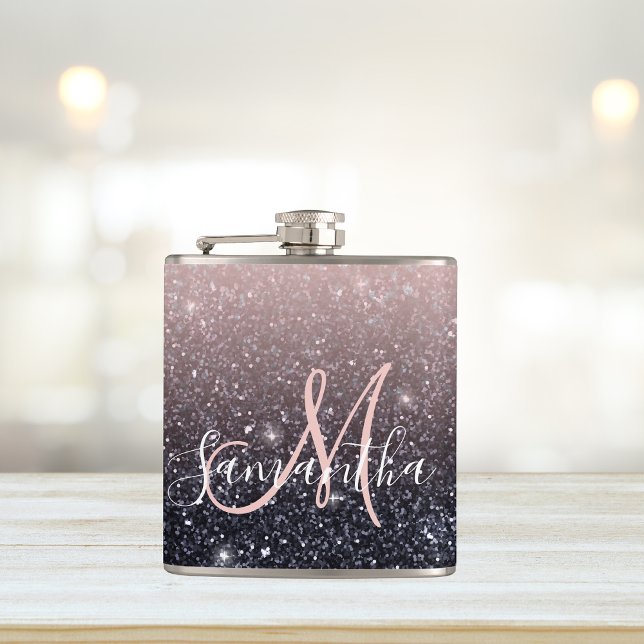 Modern Black & Pink Glitter Sparkles Name  Flask (Creator Uploaded)