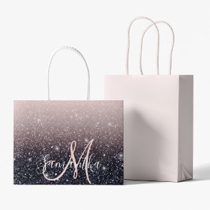 Modern Black & Pink Glitter Sparkles Name Large Gift Bag