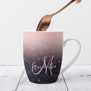Modern Black & Pink Glitter Sparkles Name Latte Mug