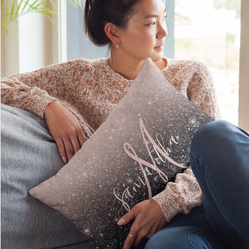 Modern Black  Pink Glitter Sparkles Name  Lumbar Pillow