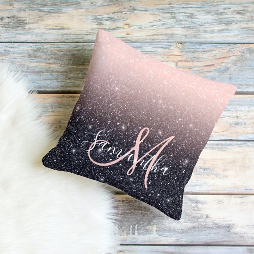 Modern Black  Pink Glitter Sparkles Name  Outdoor Pillow