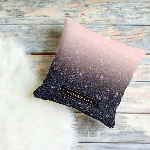 Modern Black  Pink Glitter Sparkles Name Outdoor Pillow