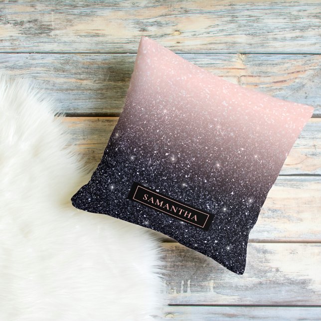 Modern Black & Pink Glitter Sparkles Name Outdoor Pillow (Creator Uploaded)