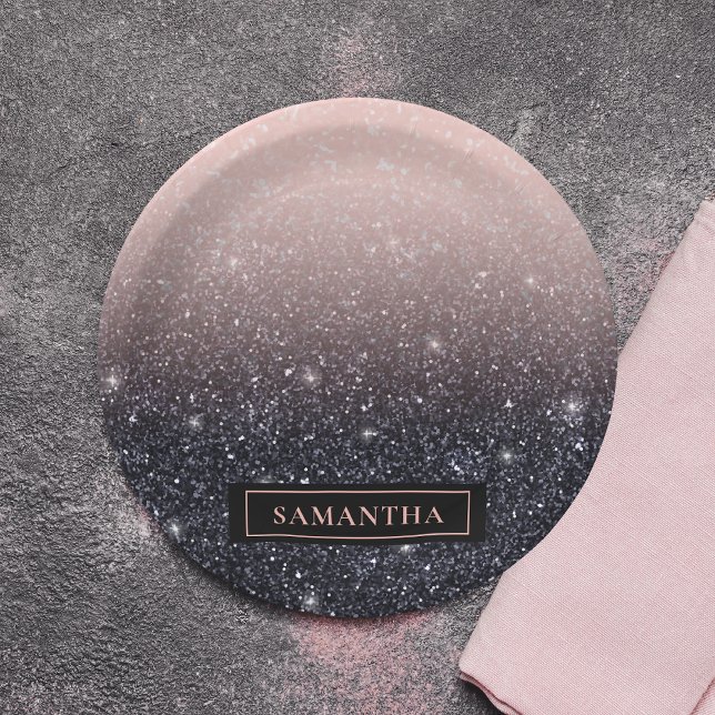 Modern Black & Pink Glitter Sparkles Name Paper Plates (Creator Uploaded)