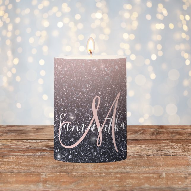 Modern Black & Pink Glitter Sparkles Name  Pillar Candle (Creator Uploaded)