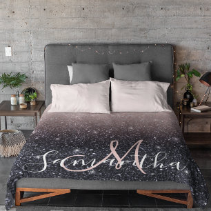 Modern Black & Pink Glitter Sparkles Name Sherpa Blanket