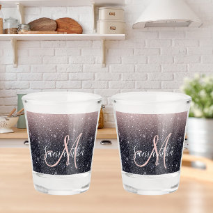 Modern Black & Pink Glitter Sparkles Name Shot Glass