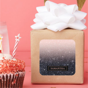 Modern Black & Pink Glitter Sparkles Name Square Sticker