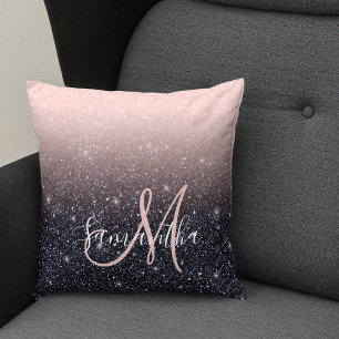 Modern Black & Pink Glitter Sparkles Name  Throw Pillow