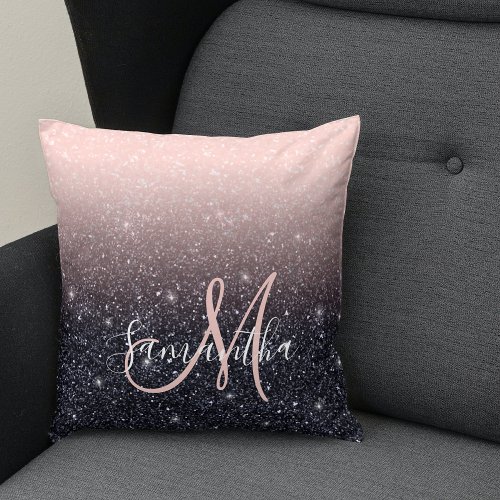 Modern Black  Pink Glitter Sparkles Name  Throw Pillow