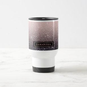 Modern Black & Pink Glitter Sparkles Name Travel Mug