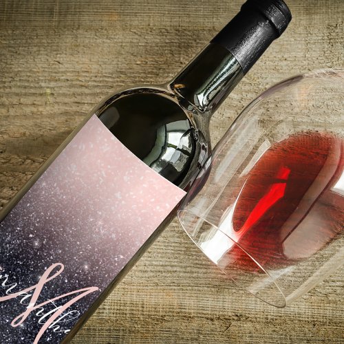 Modern Black  Pink Glitter Sparkles Name  Wine Label