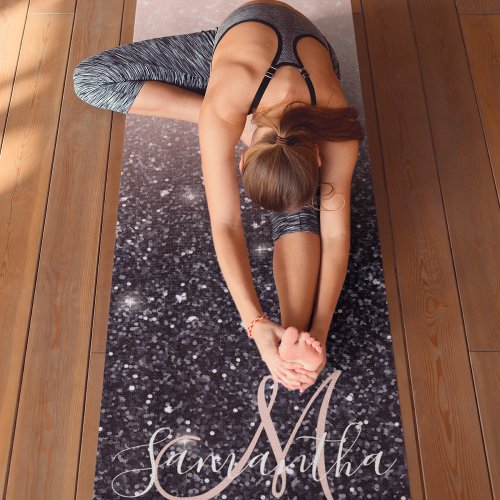 Modern Black  Pink Glitter Sparkles Name  Yoga Mat