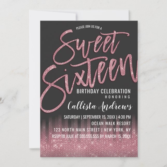 Modern Black Pink Glitter Typography Sweet 16 Invitation (Front)
