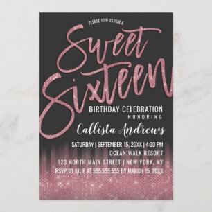 Modern Black Pink Glitter Typography Sweet 16 Invitation