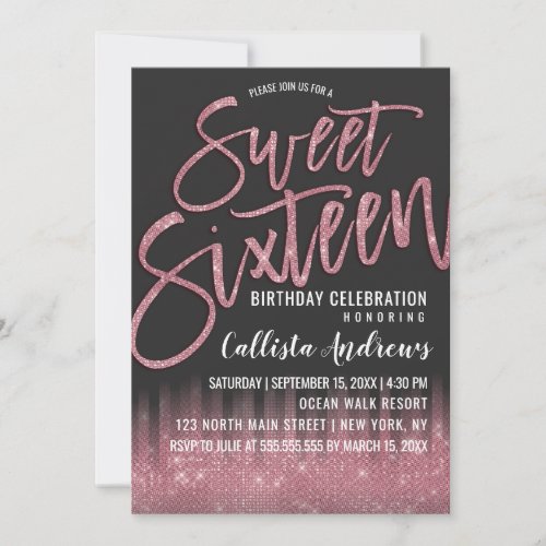 Modern Black Pink Glitter Typography Sweet 16 Invitation