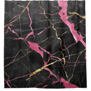 Modern Black Pink Gold Marble Kintsugi Stone Shower Curtain