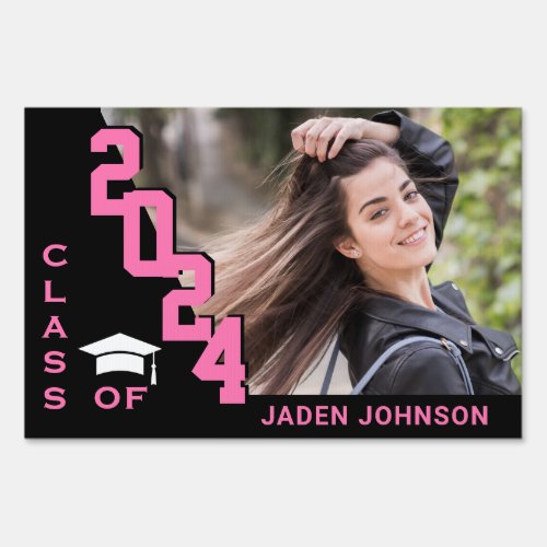 Modern Black Pink Graduation Photo Yard Sign