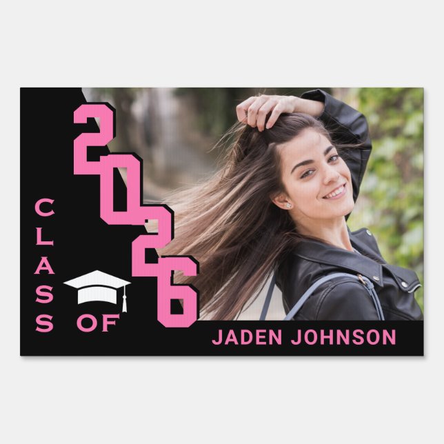 Modern Black Pink Graduation Photo Yard Sign (Front)