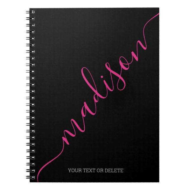 Modern Black Pink Handwritten Name Notebook (Front)