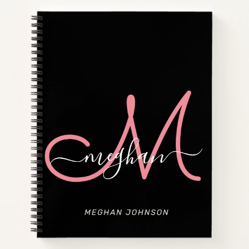 Modern Black Pink Handwritten Script Monogram Notebook
