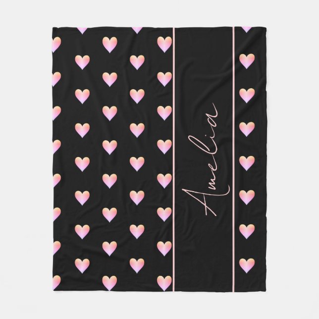 Modern Black Pink Hearts Personalized Fleece Blanket (Front)
