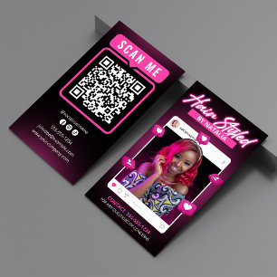 Modern Black & Pink Instagram Hairstylist QR Code Business Card