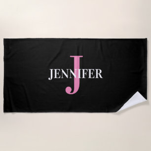 Modern Black Pink Minimalist Monogram Name  Beach Towel